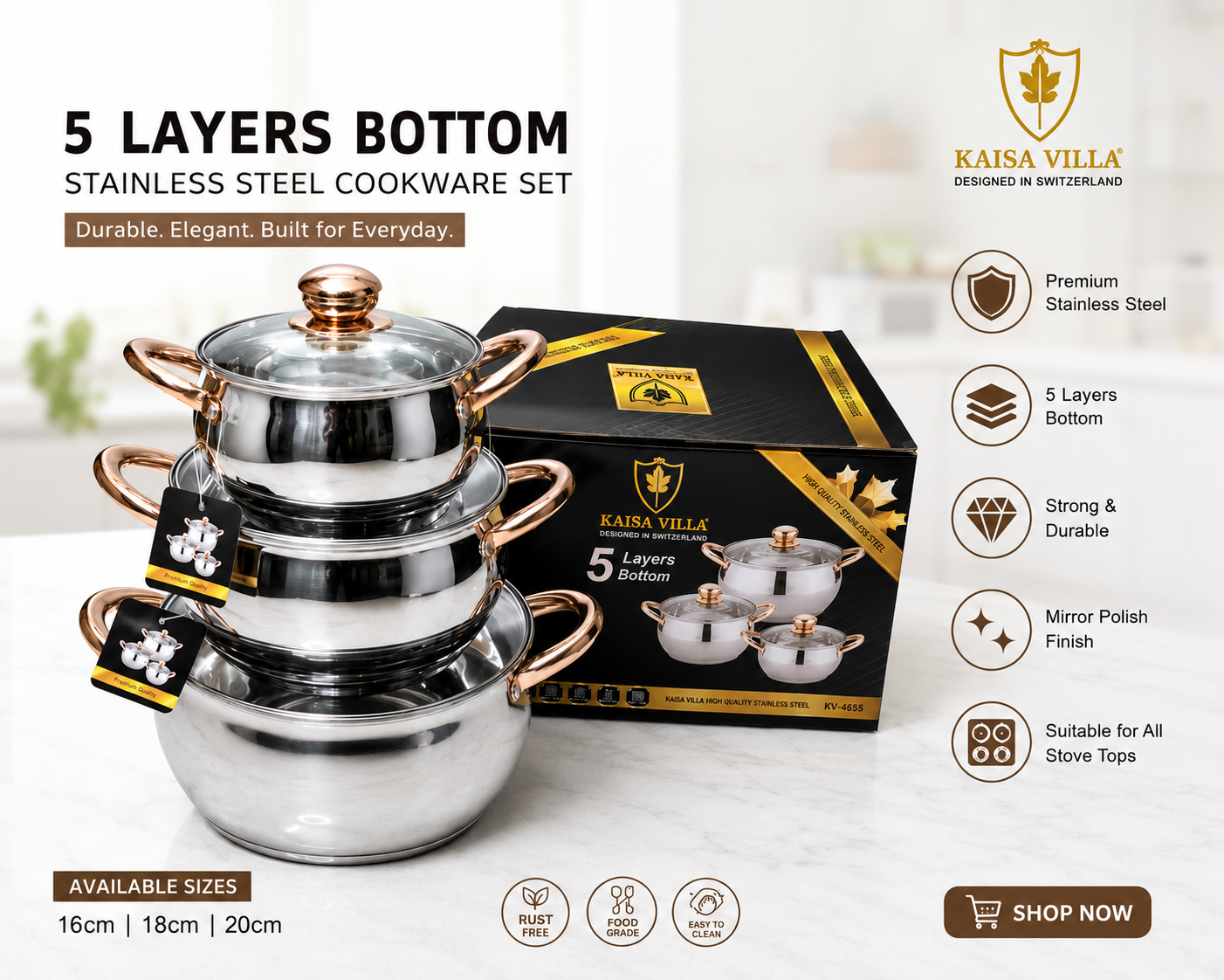 Kaisa Villa 6650 – 5 Layers Bottom Stainless Steel Cookware Set