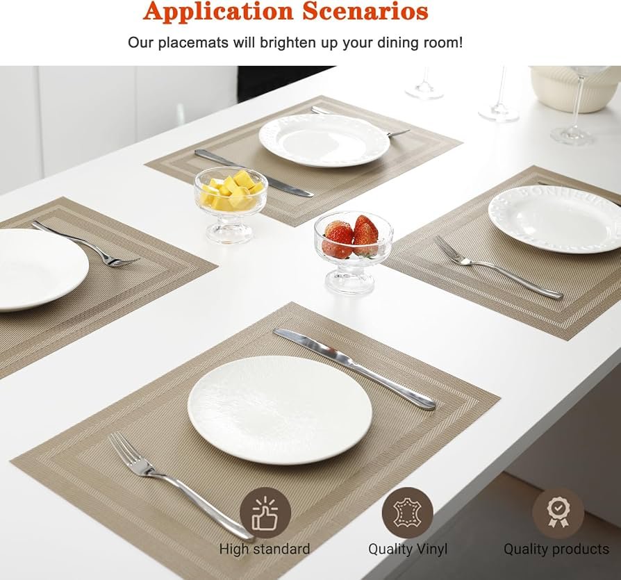 Golden Table Mat Set 7 Pcs | 6 Dining Placemats + 1 Table Runner | 30×45 cm & 30×135 cm - Image 2