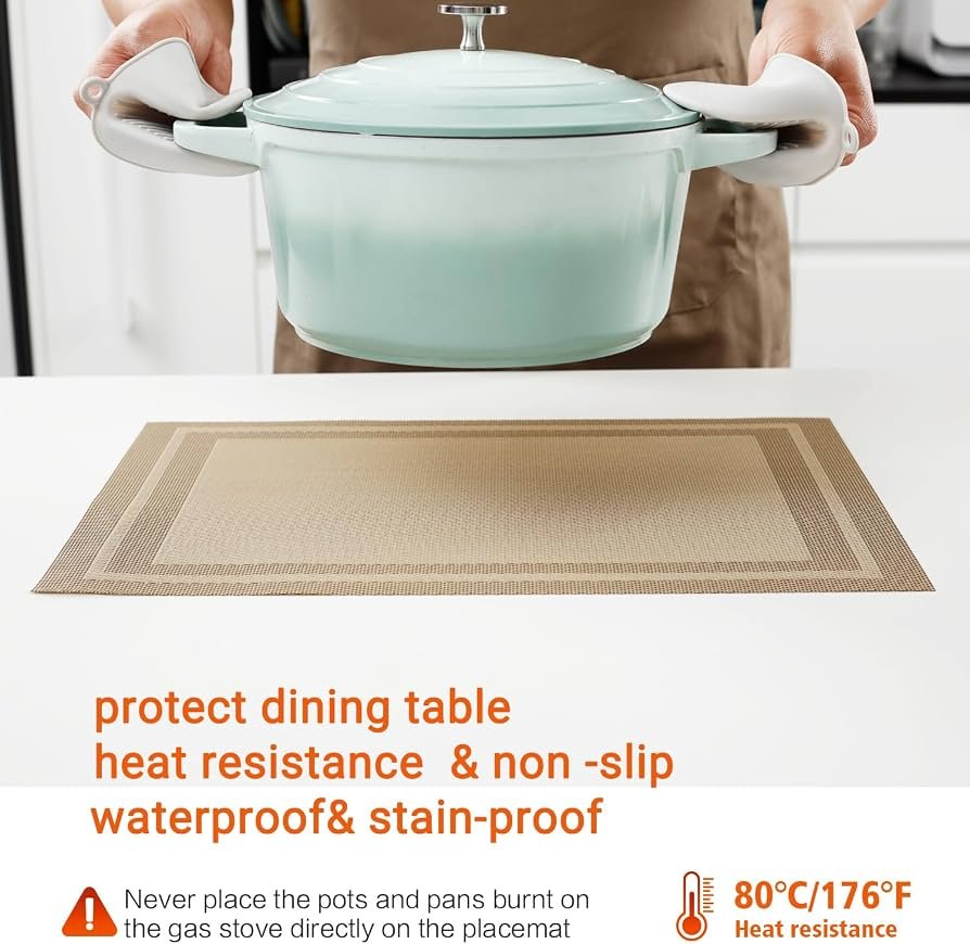 Golden Table Mat Set 7 Pcs | 6 Dining Placemats + 1 Table Runner | 30×45 cm & 30×135 cm - Image 4